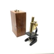 J. Swift & Sons London brass and black painted monocular microscope impressed SWIFT 2, with rack and