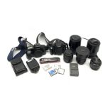 Two Canon camera bodies 'Canon EOS 350D Digital' and 'Canon EOS 1000', five camera lenses including