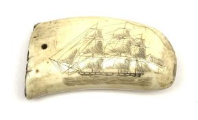 19th century Scrimshaw worked whale tooth decorated to one side with a three-masted ship, L12.5cm x