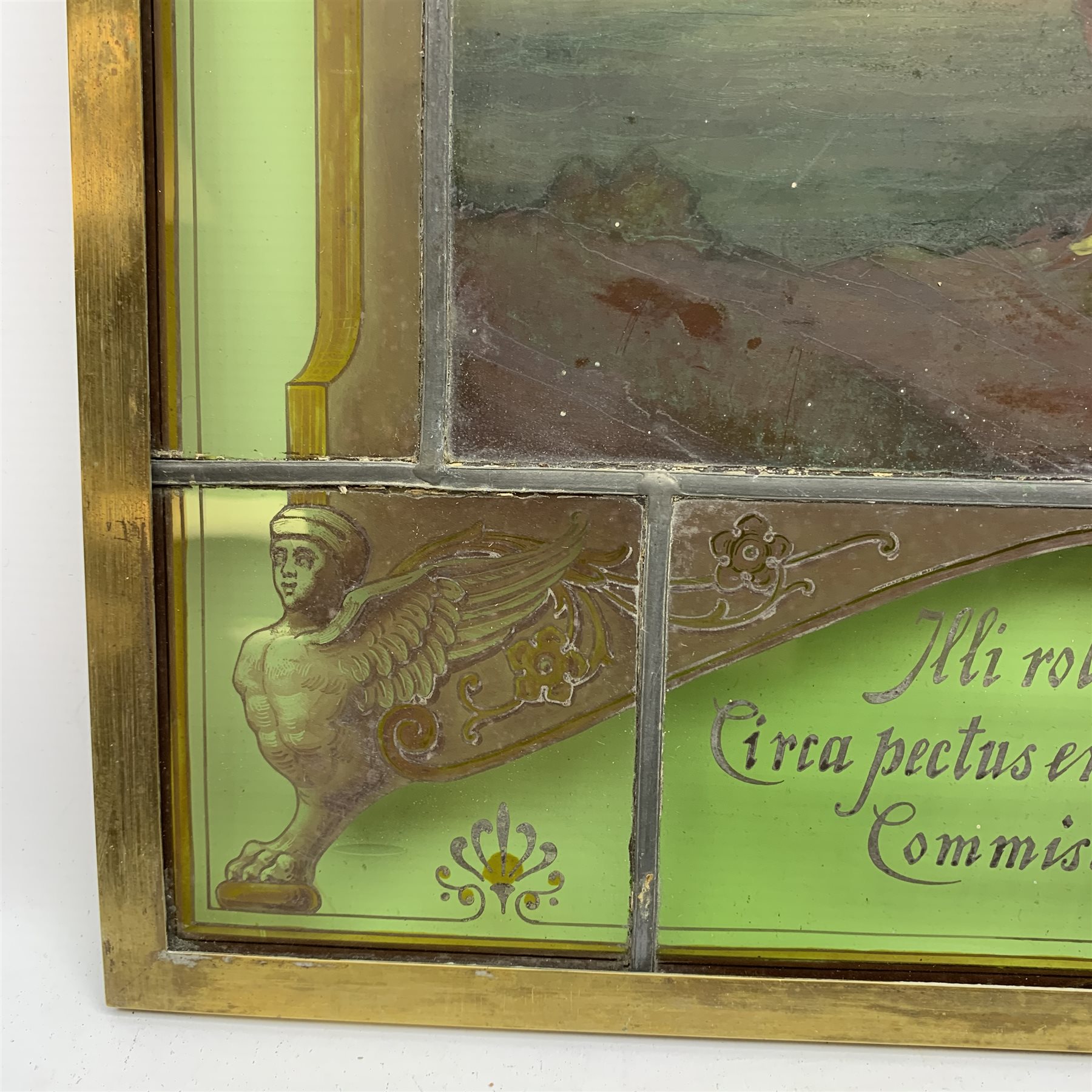 19th century leaded stained glass panel of maritime interest with central painted scene of naked fig - Image 3 of 26