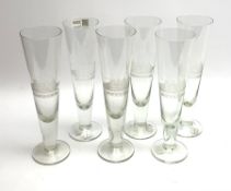 Set of six Toscany Romania lager glasses, each of tall tapering pedestal form etched with a four-mas