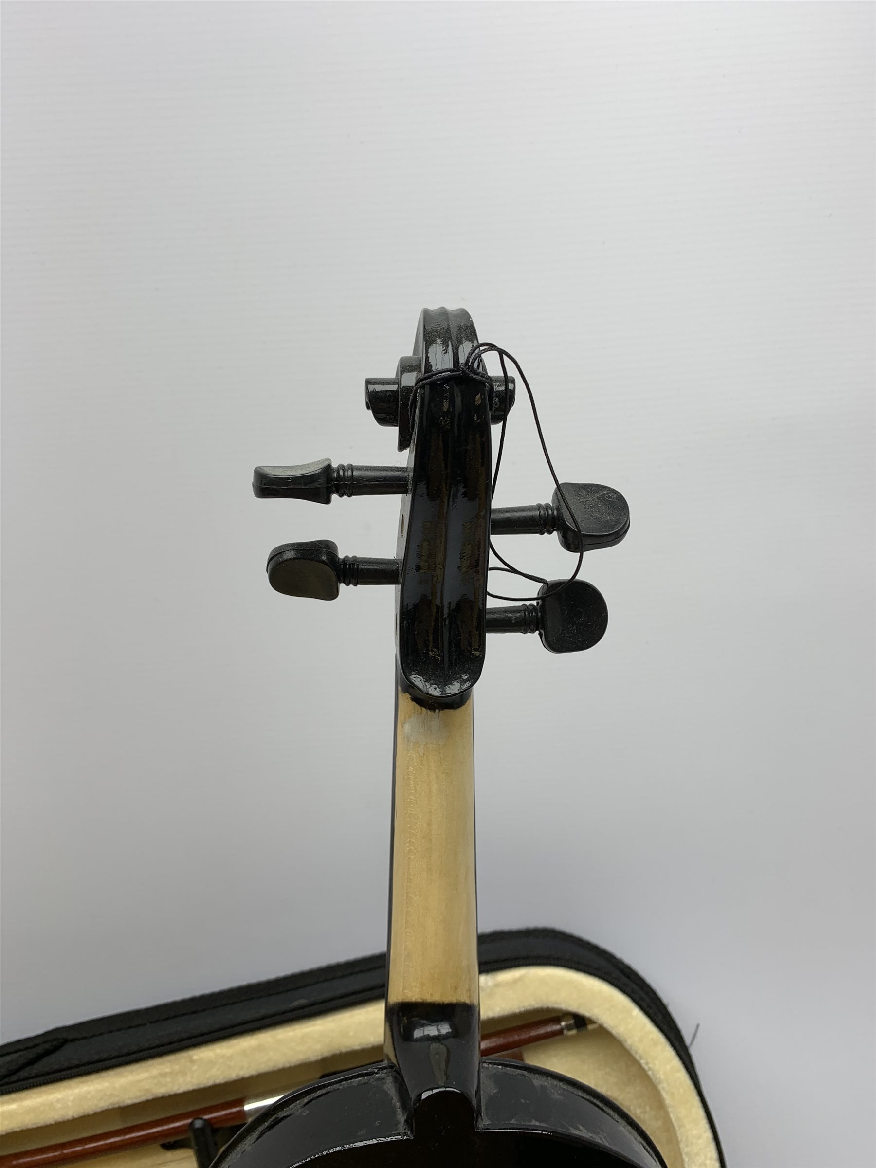 Modern black lacquered violin with 35.5cm back, 59cm overall, in carrying case with two bows - Image 4 of 9