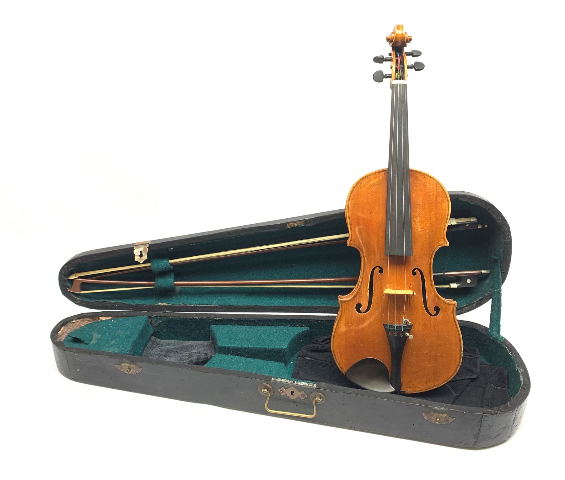 Late 19th century violin with 36cm maple back and spruce top, bears label 'Copy George Klotz Made i