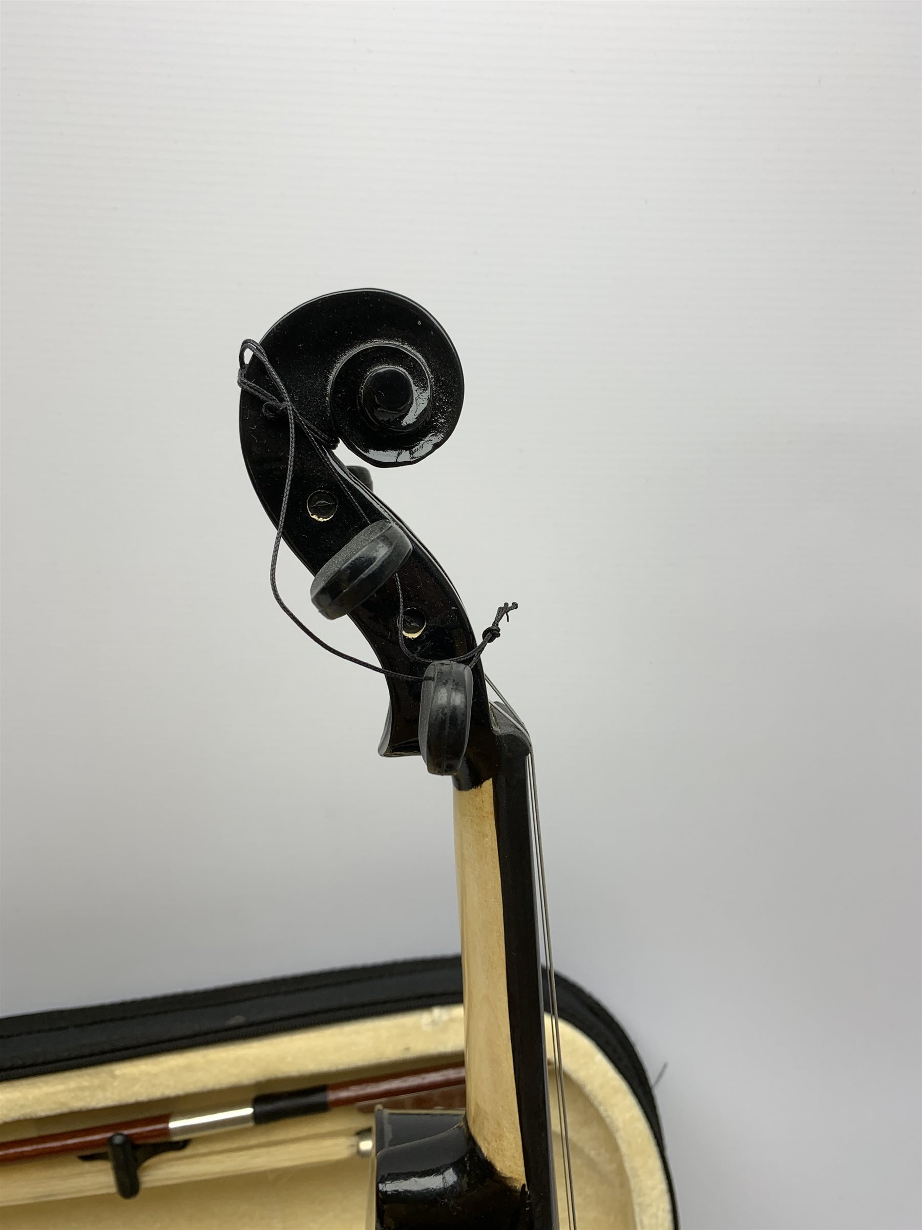 Modern black lacquered violin with 35.5cm back, 59cm overall, in carrying case with two bows - Image 3 of 9