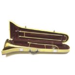 Skylark brass two-piece trombone, in fitted case with mouthpiece