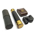 Early 20th century brass and leather three-draw pocket telescope, cased, L41.5cm fully extended; and