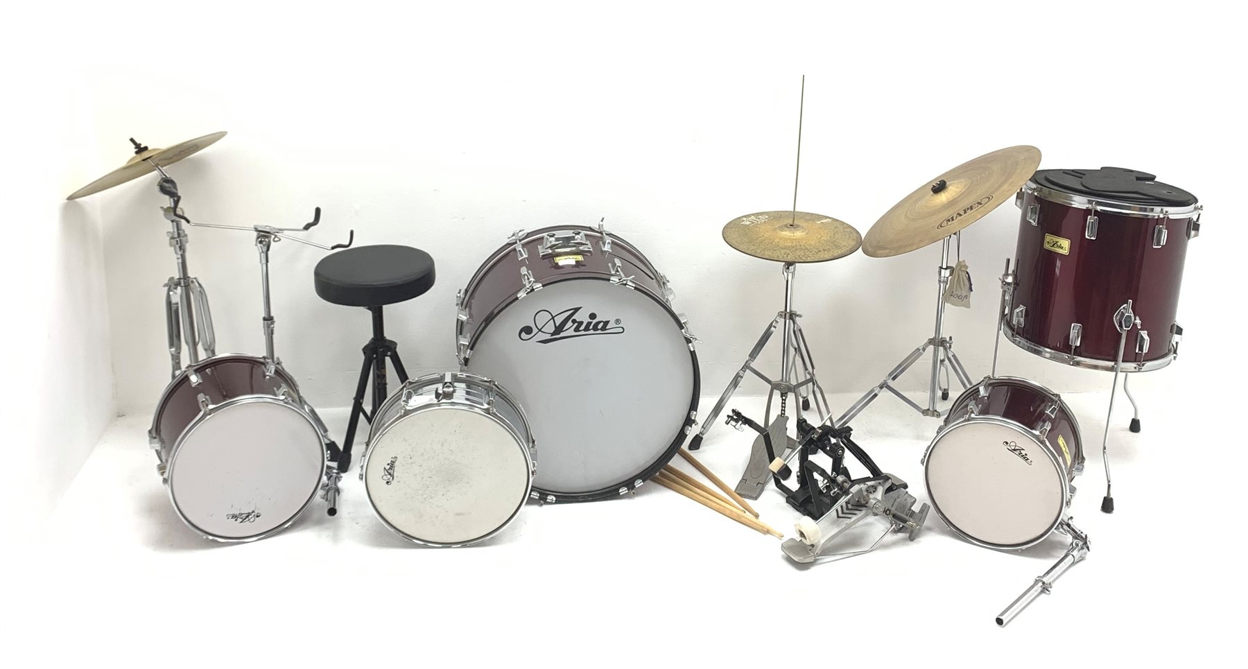 RTV 09/10/20 Aria five-piece drum kit with Hi-hat, crash and ride cymbals, stool, pedals, sticks etc