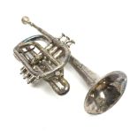 Hawkes & Son silver-plated cornet serial no.59103, with mouthpiece L38cm