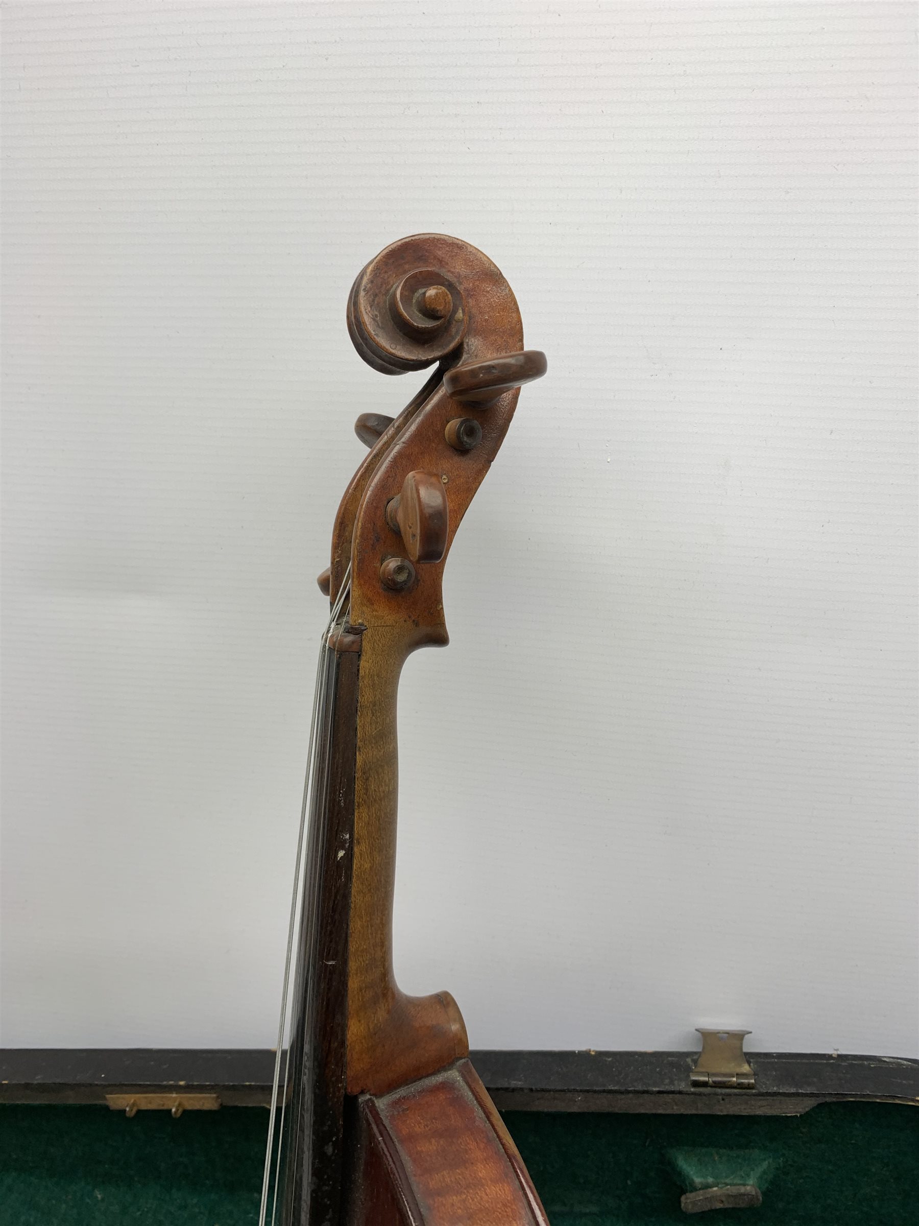 Late 19th/early 20th century violin with baroque style short neck, 35.5cm one-piece maple back and r - Image 3 of 8