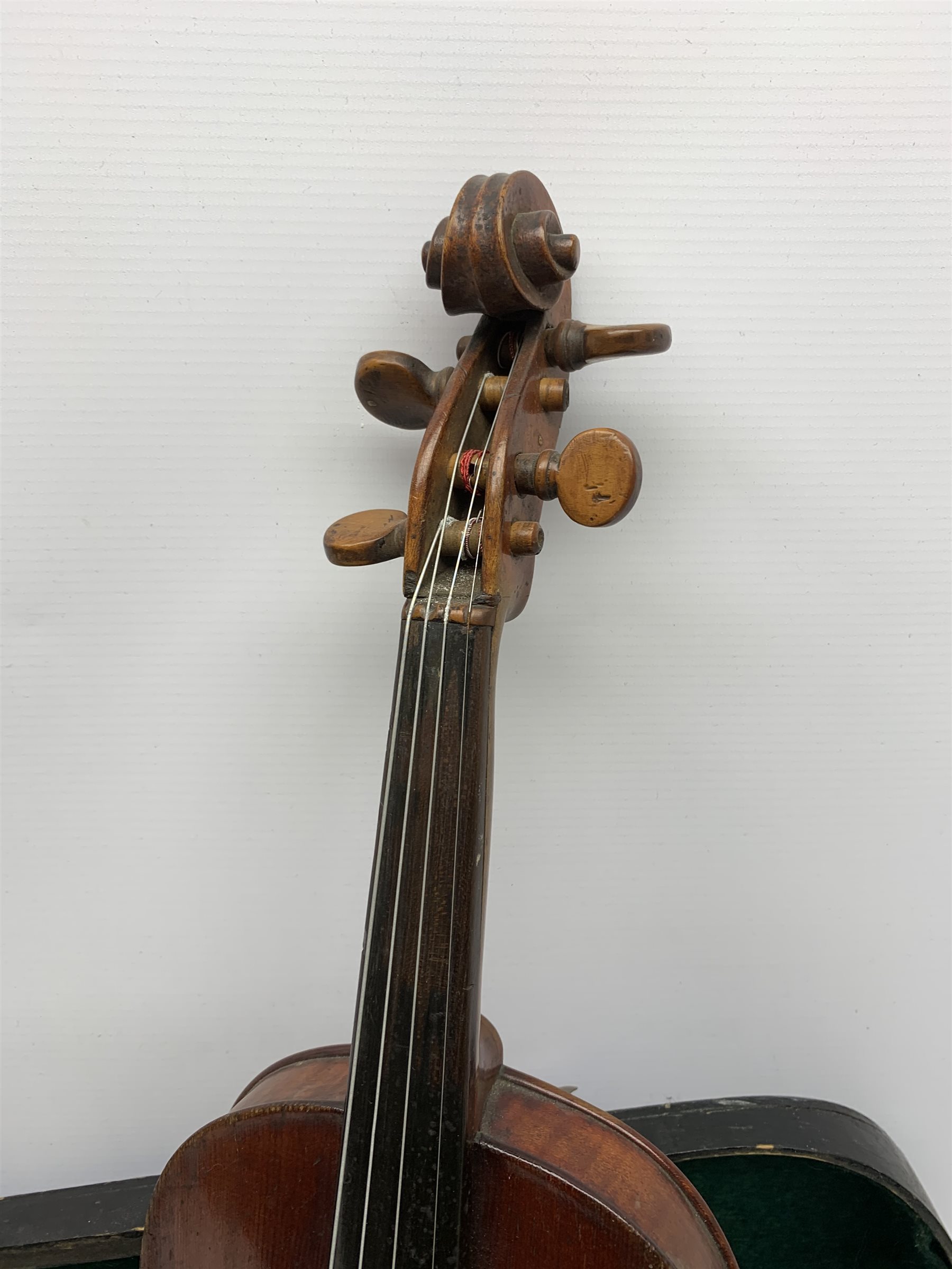 Late 19th/early 20th century violin with baroque style short neck, 35.5cm one-piece maple back and r - Image 2 of 8