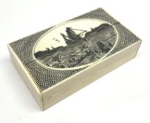 Modern bone box of oblong form, the hinged lid with scrimshaw style decoration of figures being resc