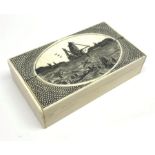 Modern bone box of oblong form, the hinged lid with scrimshaw style decoration of figures being resc