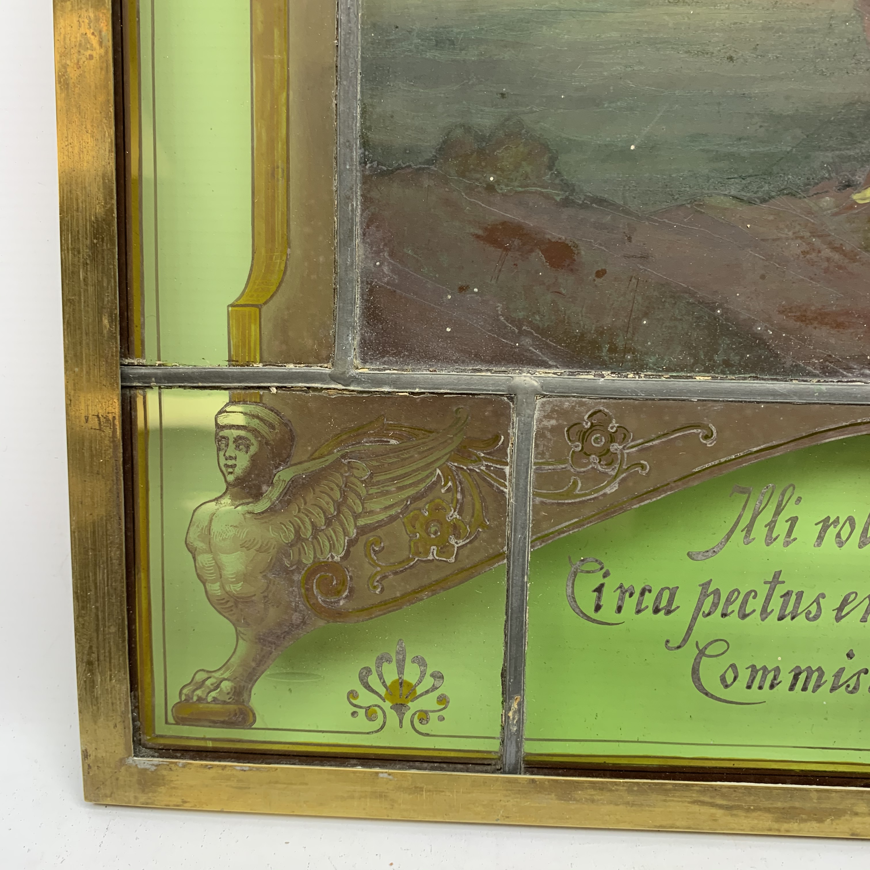 19th century leaded stained glass panel of maritime interest with central painted scene of naked fig - Image 26 of 26