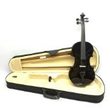 Modern black lacquered violin with 35.5cm back, 59cm overall, in carrying case with two bows