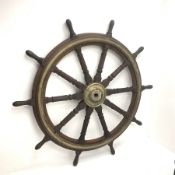 Very large 19th century ship's brass mounted oak wheel with iron hub and ten turned spindles and han