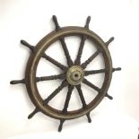 Very large 19th century ship's brass mounted oak wheel with iron hub and ten turned spindles and han
