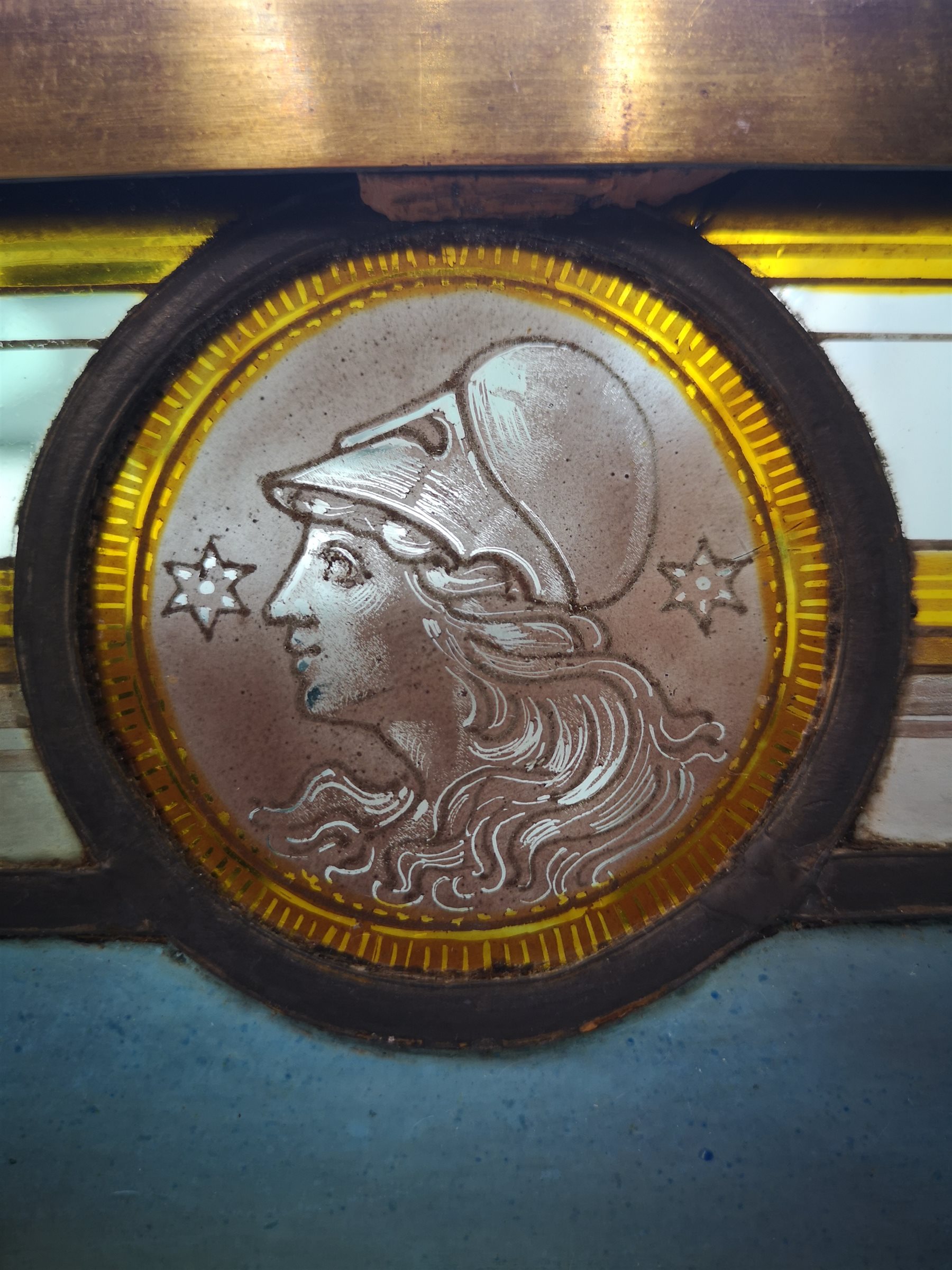 19th century leaded stained glass panel of maritime interest with central painted scene of naked fig - Image 10 of 26