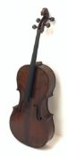 Mid-19th century German cello with 76cm two-piece maple back and ribs and spruce top, bears label F
