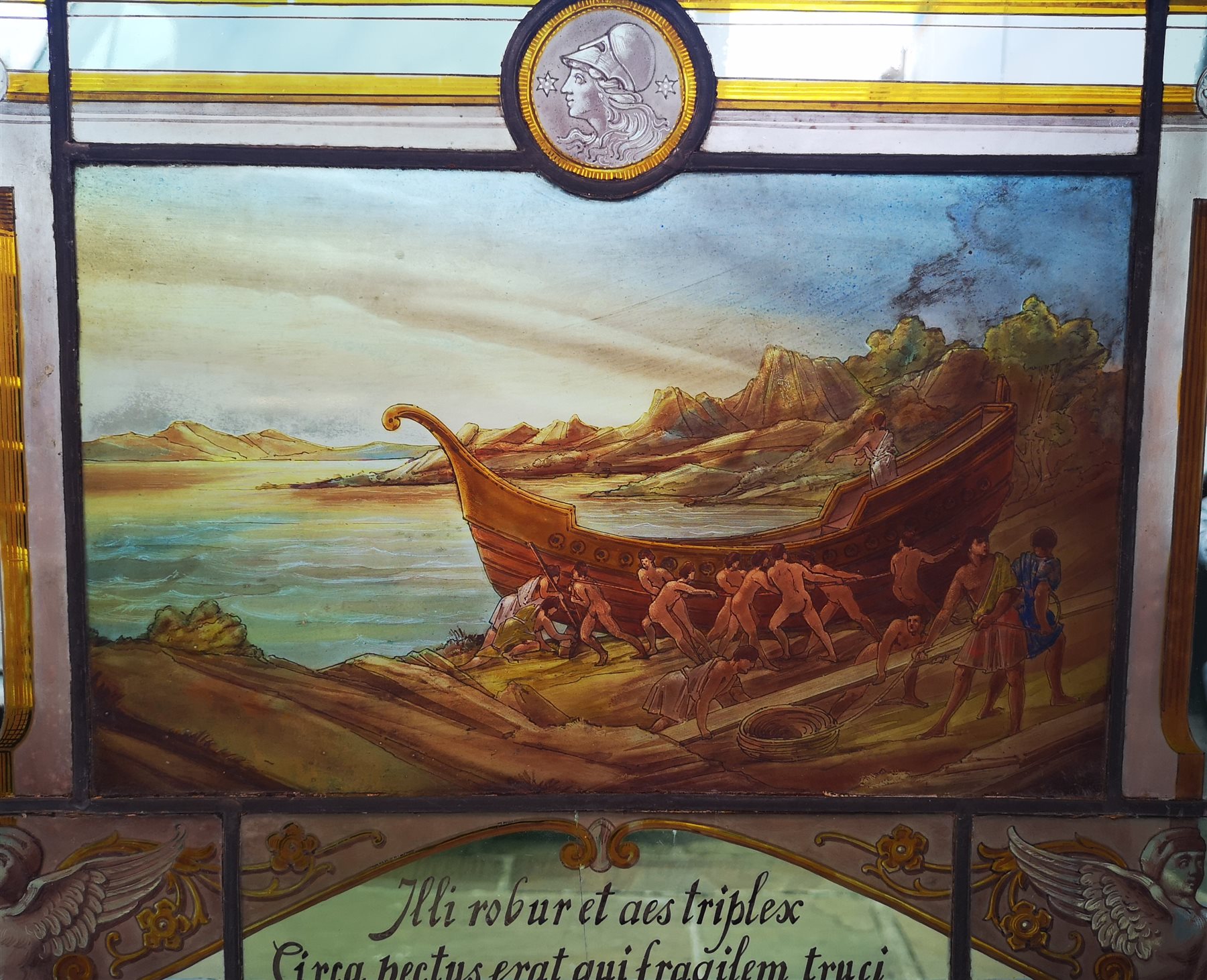 19th century leaded stained glass panel of maritime interest with central painted scene of naked fig - Image 8 of 26