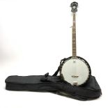 American/Korean Fender mahogany five-string banjo with mother-of-pearl inlaid rosewood finger board,