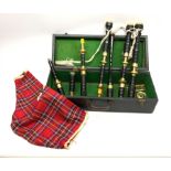 Dummy bagpipes with yellow metal mounted black painted ring turned mahogany drones and Royal Stewar