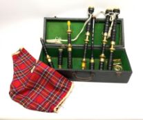 Dummy bagpipes with yellow metal mounted black painted ring turned mahogany drones and Royal Stewar