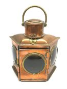 Ship's copper lamp of trapezium form with red and blue side filters and hinged front door, H22cm inc