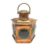 Ship's copper lamp of trapezium form with red and blue side filters and hinged front door, H22cm inc