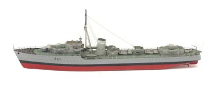 Large scale model of the Destroyer Javelin F61 painted in battle colours, with plans, L178cm, W22cm,