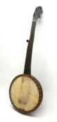 19th century fretless five-string banjo with oak framework and ebonised neck and fingerboard, L88cm