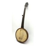 19th century fretless five-string banjo with oak framework and ebonised neck and fingerboard, L88cm