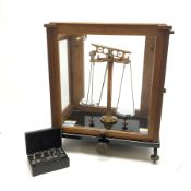 Set of cased brass and chrome laboratory scales by J.W. Towers Widnes Model 75, with black vitrolite