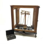 Set of cased brass and chrome laboratory scales by J.W. Towers Widnes Model 75, with black vitrolite