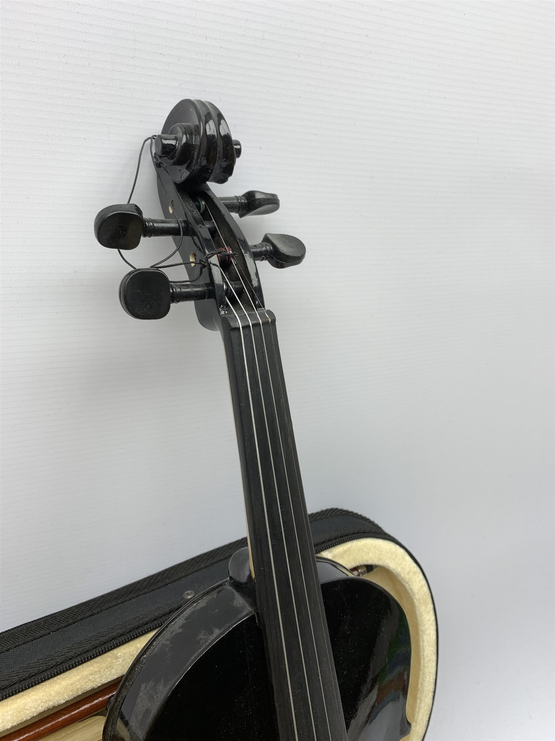 Modern black lacquered violin with 35.5cm back, 59cm overall, in carrying case with two bows - Image 2 of 9