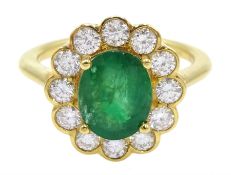 18ct gold oval emerald and diamond cluster ring, hallmarked, emerald approx 1.60 carat, diamond tota