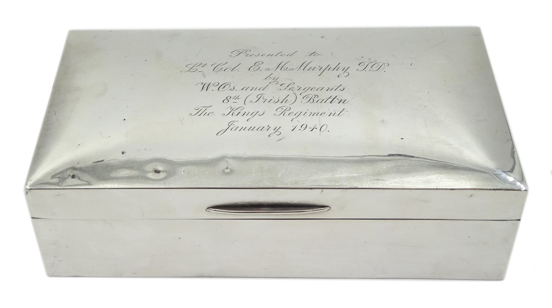 Silver cigarette box by W T Wiseman, Birmingham 1929, later inscribed 'Presented to Lt Col E M.Murph