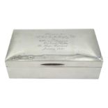 Silver cigarette box by W T Wiseman, Birmingham 1929, later inscribed 'Presented to Lt Col E M.Murph