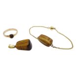 14ct gold tigers eye pendant, stamped 585, tigers eye gold bracelet and ring, both 8ct, stamped or t