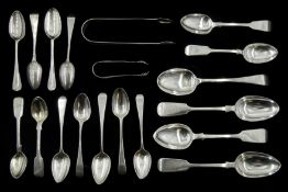 George III and later spoons including three fiddle pattern desert spoons by Josiah Williams & Co, Ex