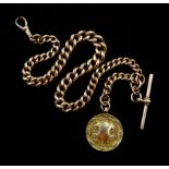 Edwardian rose gold tapering Albert T bar chain by Henry Allday & Son, with gold fob by J W Tiptaft