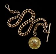 Edwardian rose gold tapering Albert T bar chain by Henry Allday & Son, with gold fob by J W Tiptaft