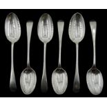 Set of six Victorian silver dessert spoons, Old English and Pip pattern, with engraved initial 'S' b