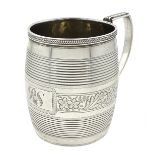 George III silver barrel shaped Christening mug, two reeded bands, engraved foliate design with cart