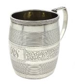 George III silver barrel shaped Christening mug, two reeded bands, engraved foliate design with cart