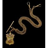 9ct gold Albert T bar chain hallmarked, makers mark J G & S, with 9ct gold fob by Henry Williamson L