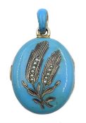 19th century silver and silver-gilt blue enamel and split pearl, wheat design locket pendant