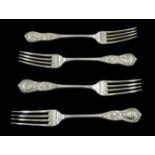 Set of four Victorian Scottish silver forks, Kings Shape (Rococo End) by Robert Gray & Son, Glasgow