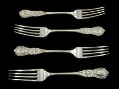 Set of four Victorian Scottish silver forks, Kings Shape (Rococo End) by Robert Gray & Son, Glasgow