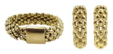 Pair of gold earrings and similar gold mesh design ring, both 9ct stamped or hallmarked