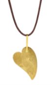 18ct gold heart pendant hallmarked, on brown cord with 18ct gold clasp stamped 750